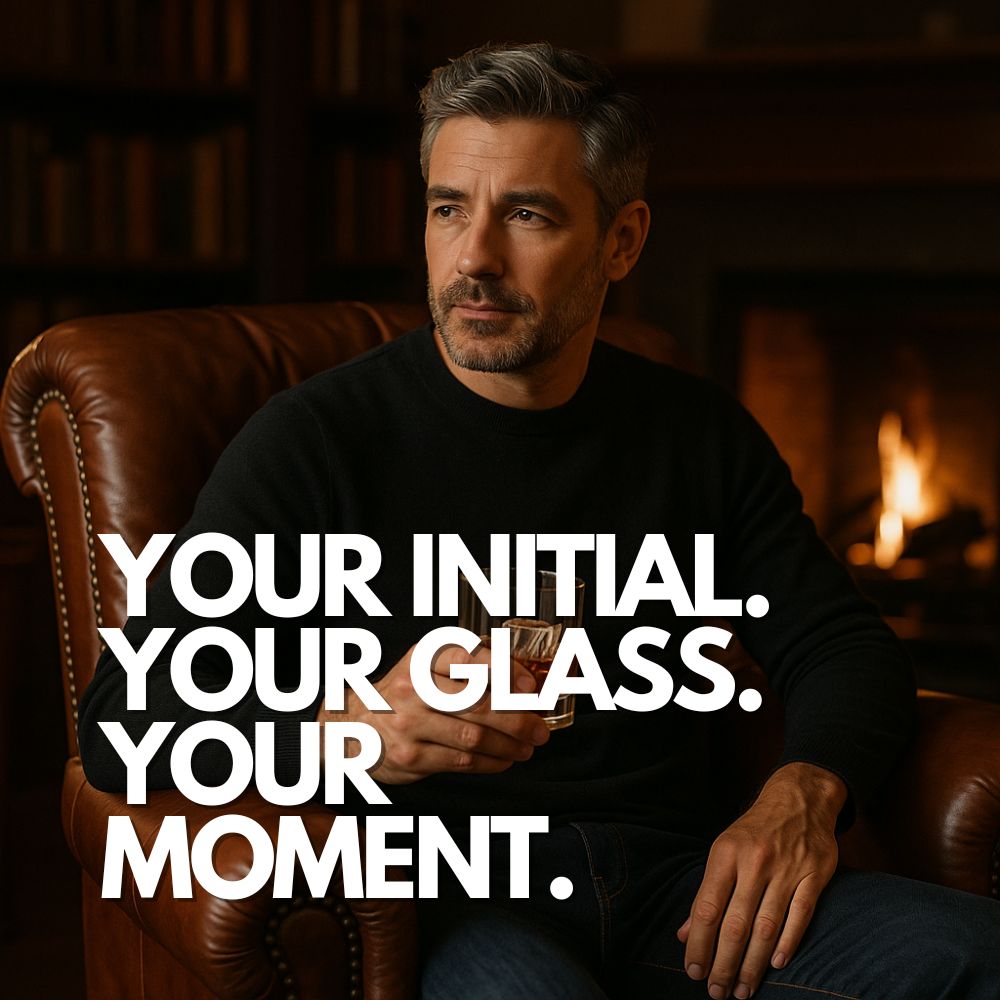 Sophisticated man in his 40s relaxing in a leather chair by the fire, holding a whiskey glass with a bold, raised letter 'L' ice cube – a luxury drink gift idea.