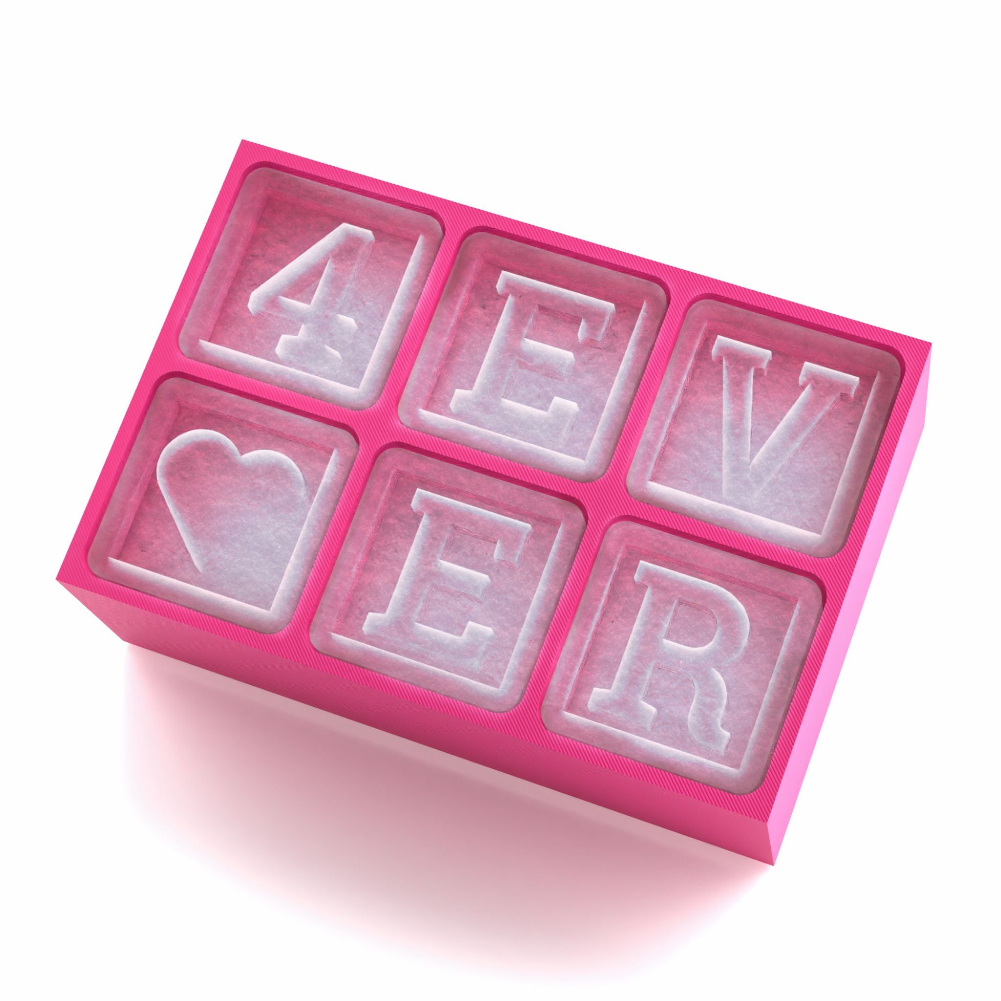 Pink silicone ice tray spelling “4EV❤️ER” with a heart cube, perfect for whimsical romantic occasions.