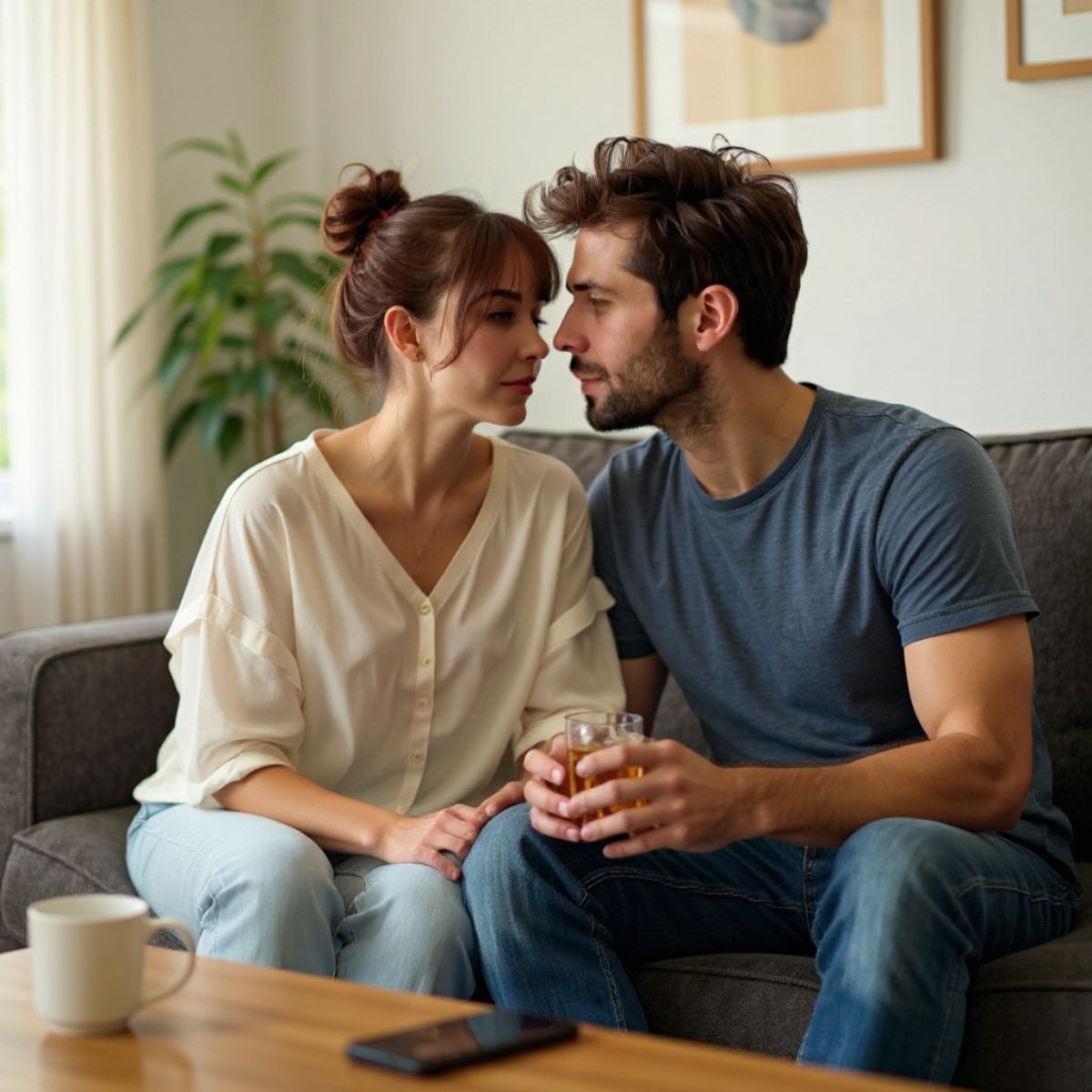 Couple sitting close together on a cosy lounge, the man in a blue shirt holding a glass of whisky while his girlfriend leans in affectionately. A natural, sexy lifestyle moment that highlights love and connection.