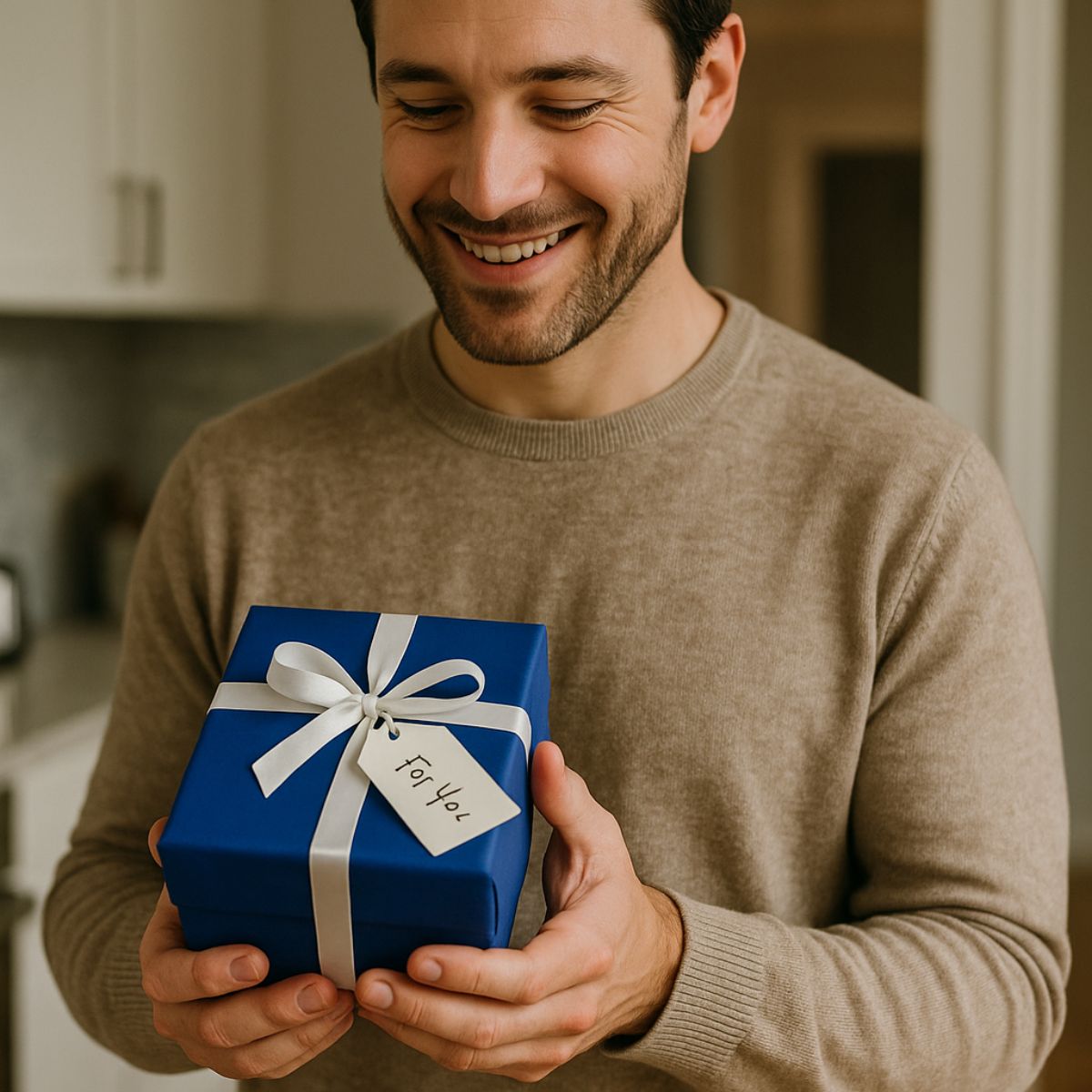 Boyfriend holding a small blue gift package with a soft, curious smile — capturing the moment before he opens a personal surprise.