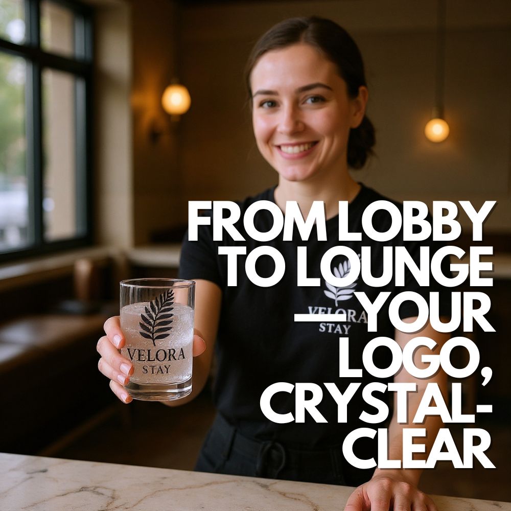 Smiling hotel staff member offers a rocks glass with a 45 mm crystal-clear ice cube embossed with the Velora Stay leaf logo; overlay text reads “From Lobby to Lounge — Your Logo, Crystal-Clear”; hospitality promotional branding image.