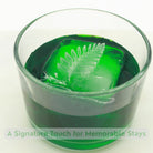 Clear ice cube with fern leaf design floating in dark drink, showing how Velora Stay branding appears in a glass