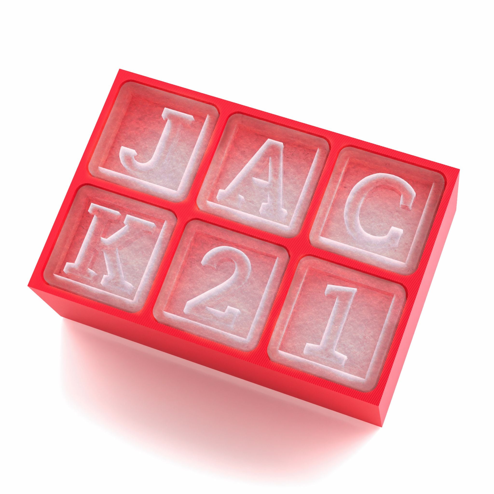Red silicone ice cube tray with JACK21 letters, great for personalised birthday celebrations.