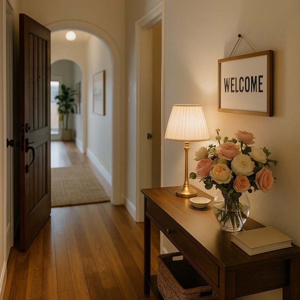 Modern Australian hallway with a welcome sign, soft lighting, and pastel flowers – the perfect setting to introduce an elegant housewarming gift.