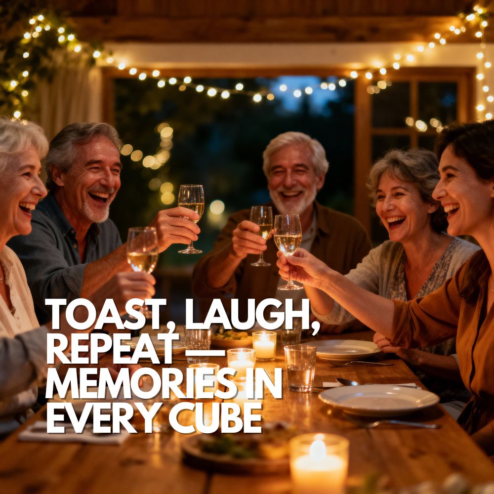 Group of adults aged 40–65 raising glasses at a warmly lit birthday dinner with candles and fairy lights, sharing laughter and toasts around a wooden table — perfect backdrop for personalised celebration gifts.