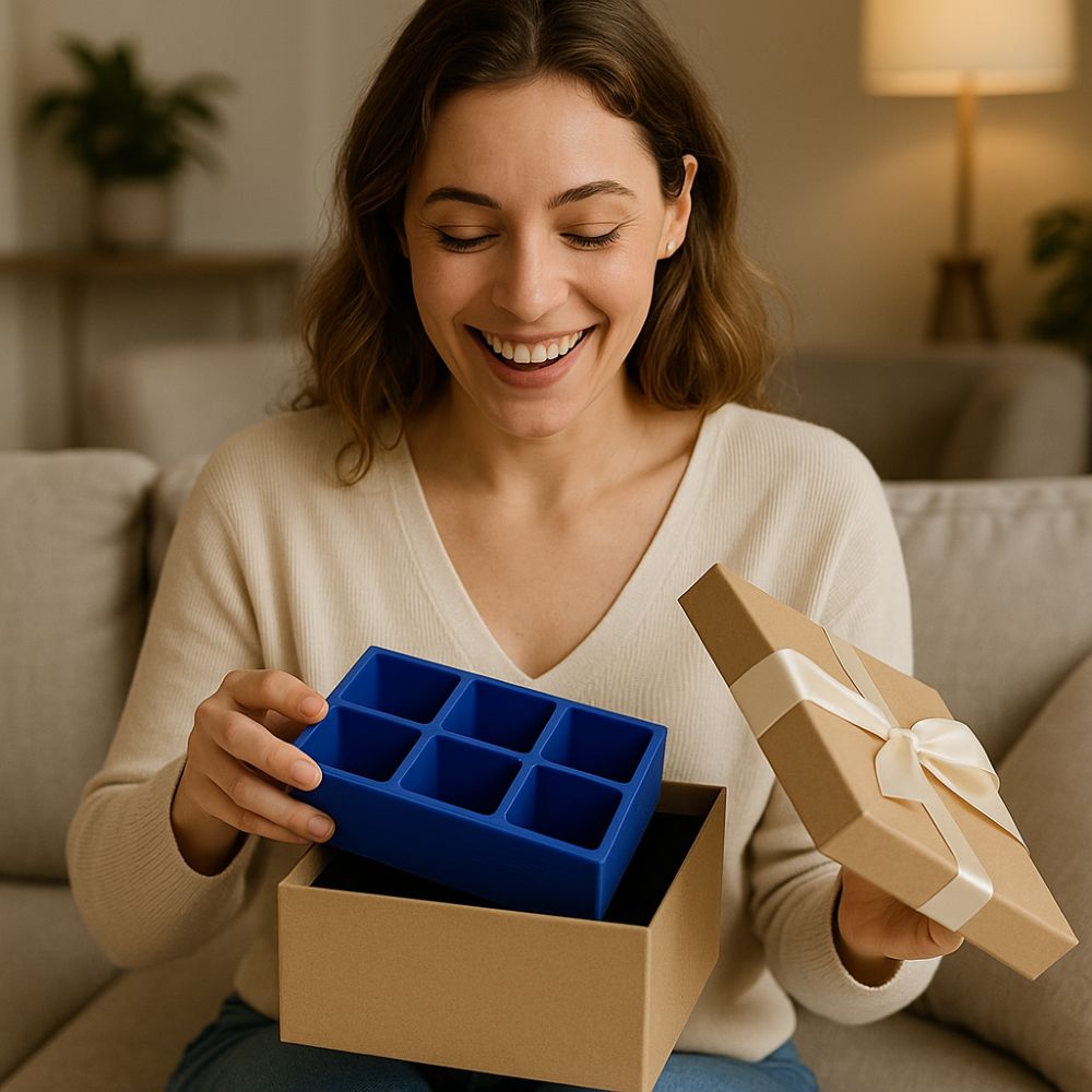 Happy woman unboxing a premium custom ice tray gift in a ribbon-wrapped box – a stylish present for women and a heartfelt gift idea.