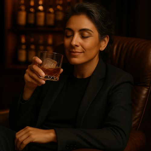 Elegant woman in a dark blazer seated in a leather armchair, enjoying a whiskey drink with a large ice cube, eyes closed in a relaxed, luxurious bar setting.