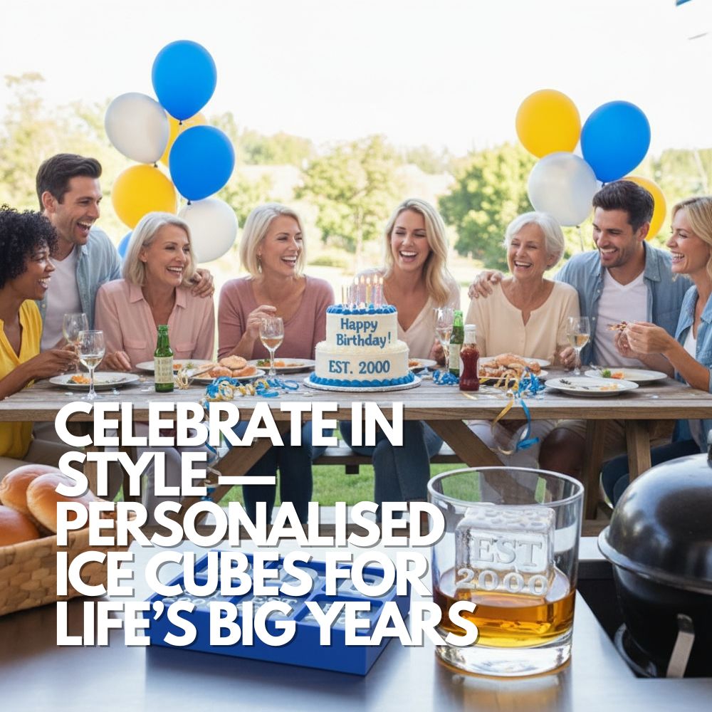 Group of people celebrating a birthday with balloons and a cake, with text overlay about personalized ice cubes.