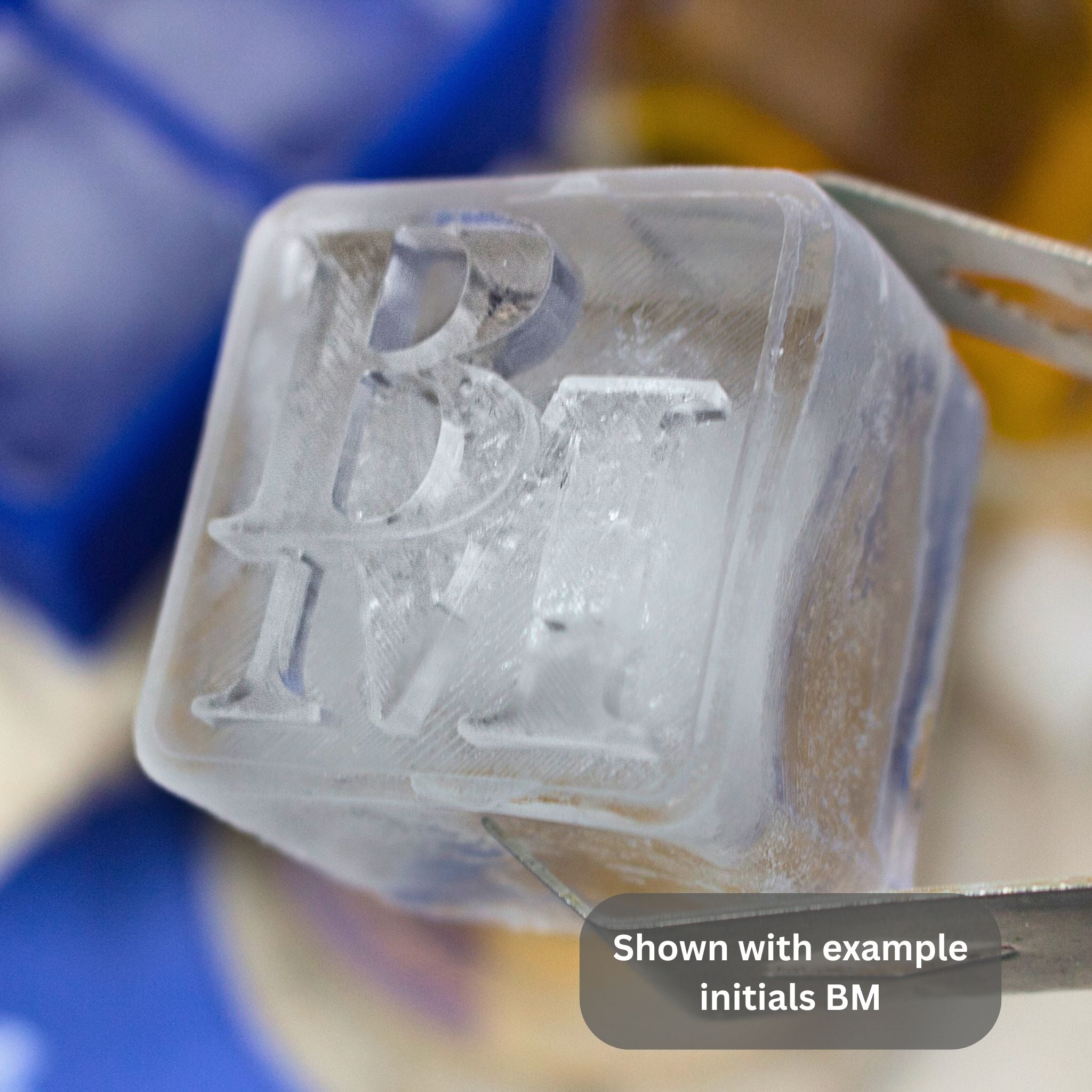 BM monogrammed ice cube shown as example from a custom silicone ice tray – create your own personalised initials for unique gift