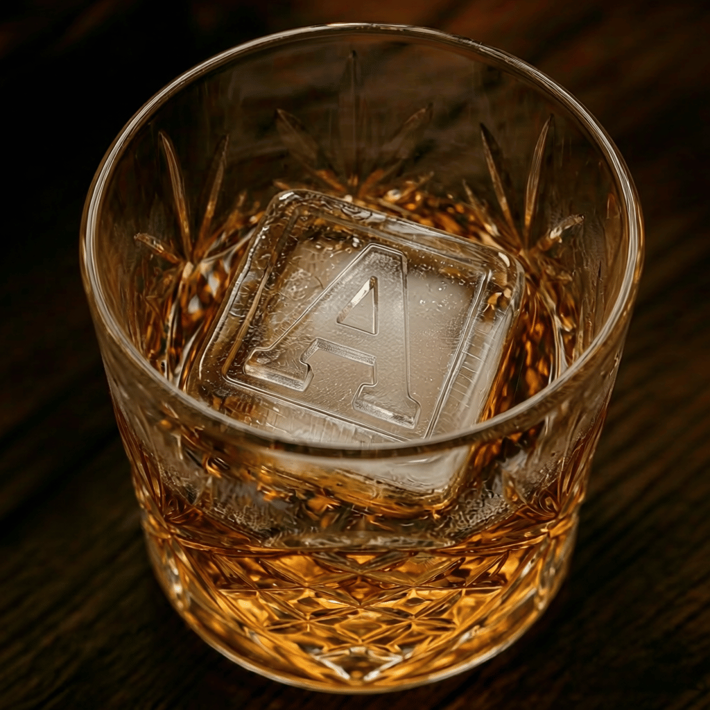 Close-up of a crystal whiskey glass with a large ice cube embossed with the letter A, warm ambient lighting