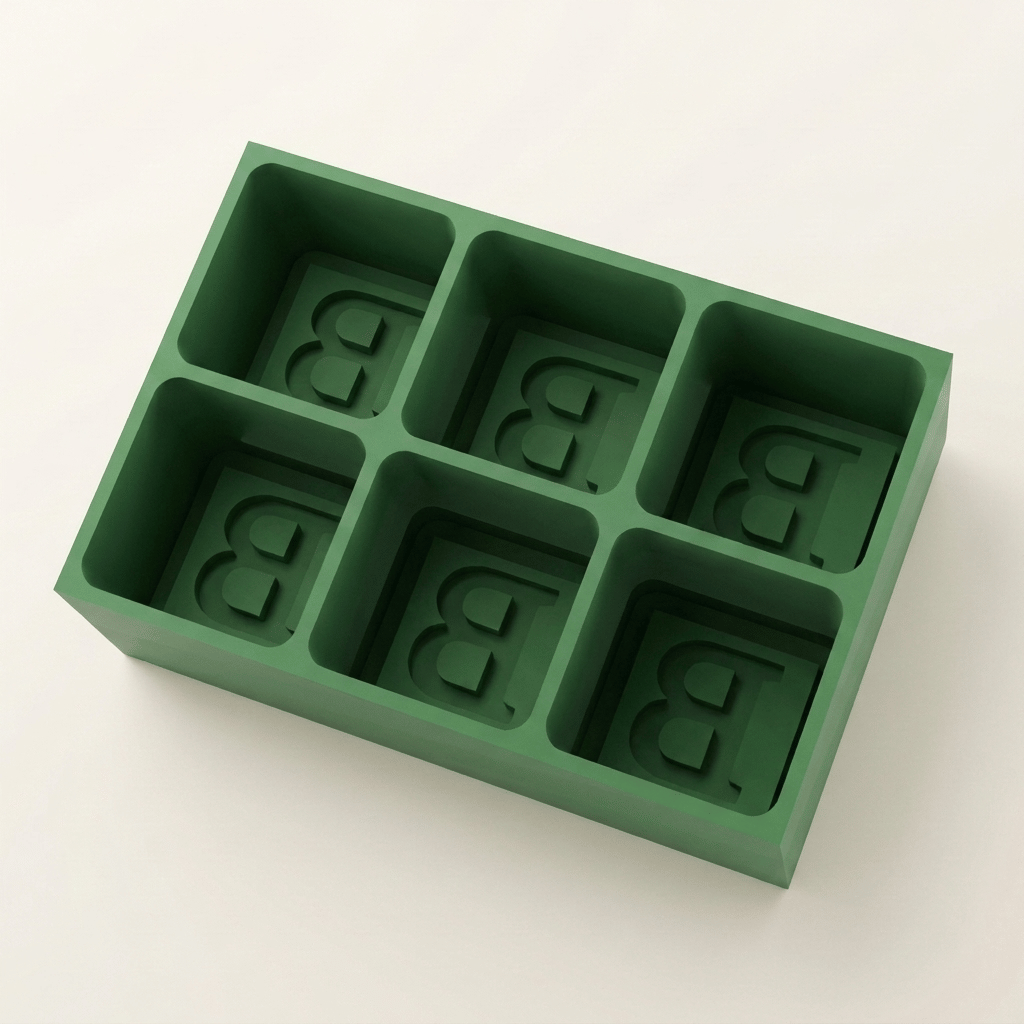 Green silicone Letter B ice cube tray, 6-cavity mould with bold monogram B design