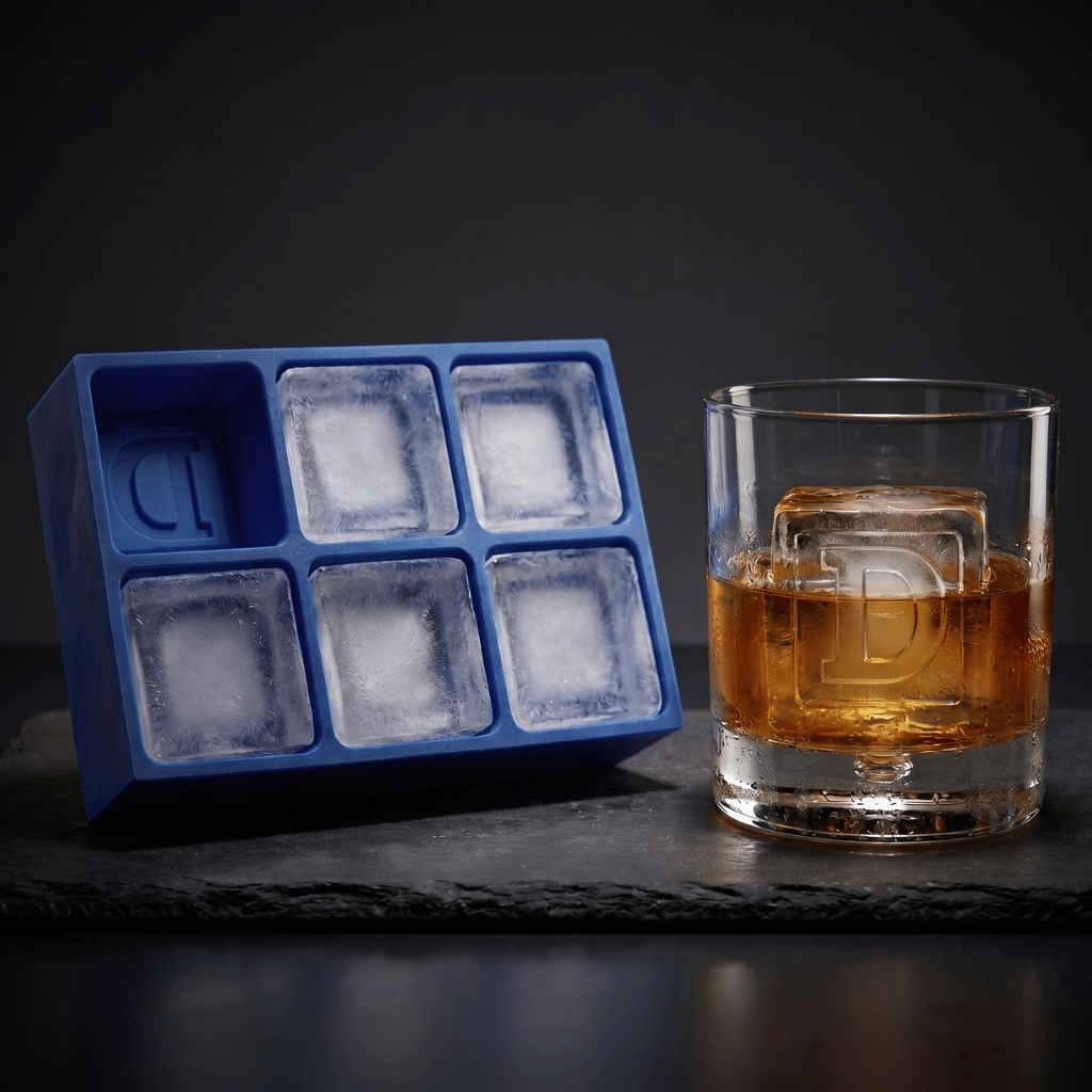 A blue silicone ice cube tray with six square compartments sits beside a clear rocks glass filled with an amber drink, both on a dark slate surface against a dark studio background.