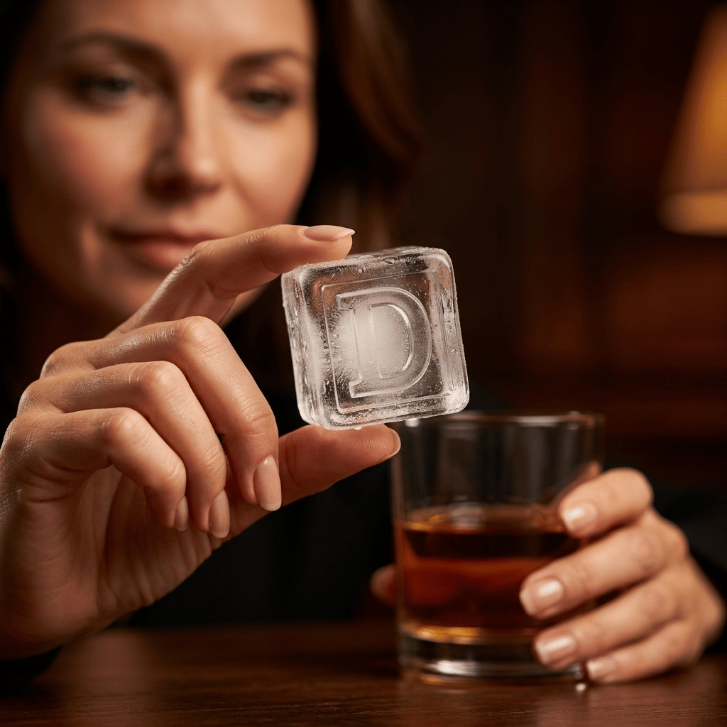 A woman holds a clear square ice cube with a raised letter 'D' above a glass of amber liquor on a dark wooden table.