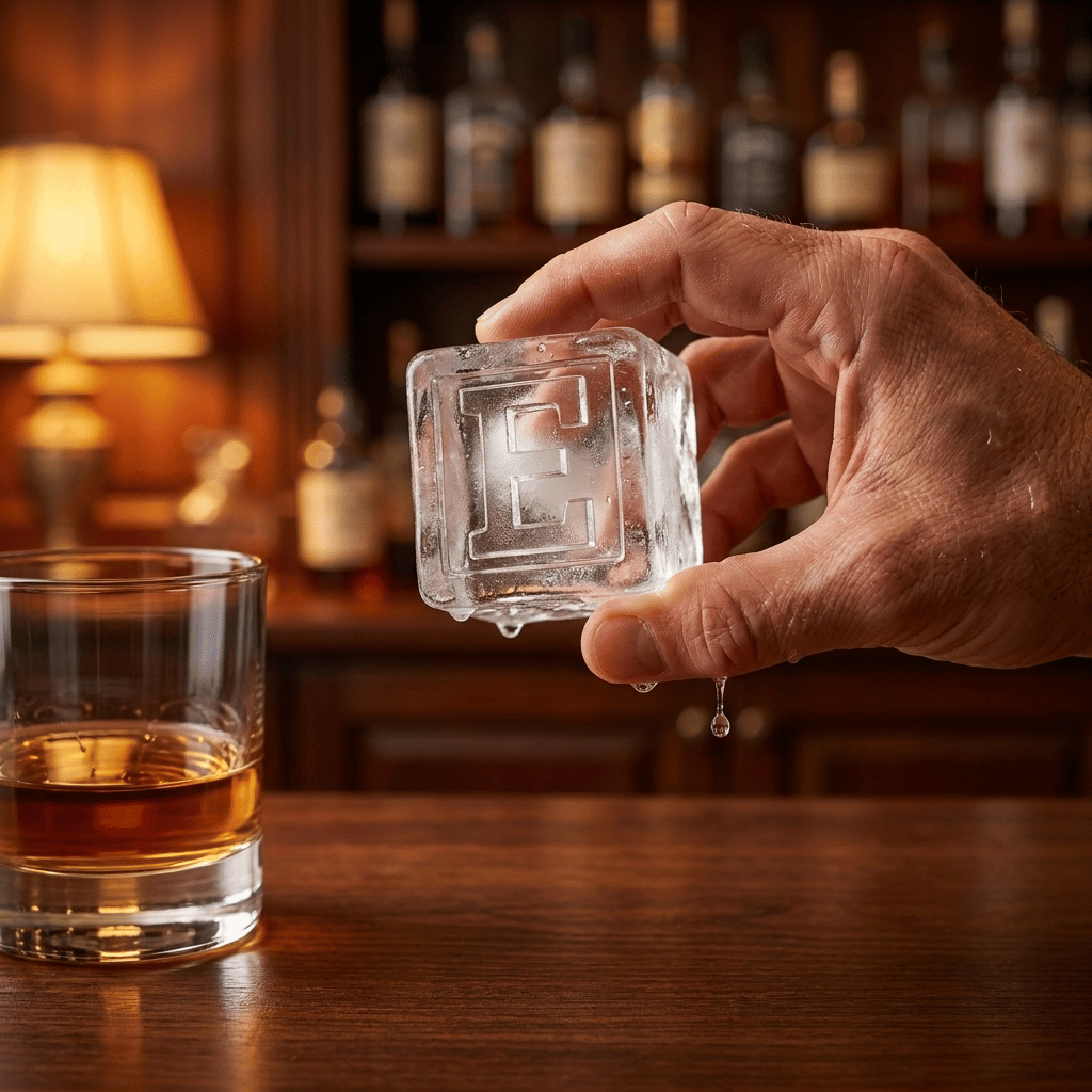 A hand holds a clear, geometrically patterned ice cube with a small drop of water dripping from it, set against a warm, blurred bar background with a whiskey glass on the table.