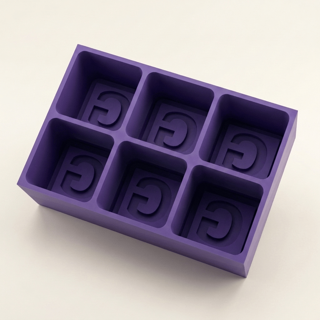 Purple silicone Letter G ice cube tray, 6-cavity mould with bold monogram G design