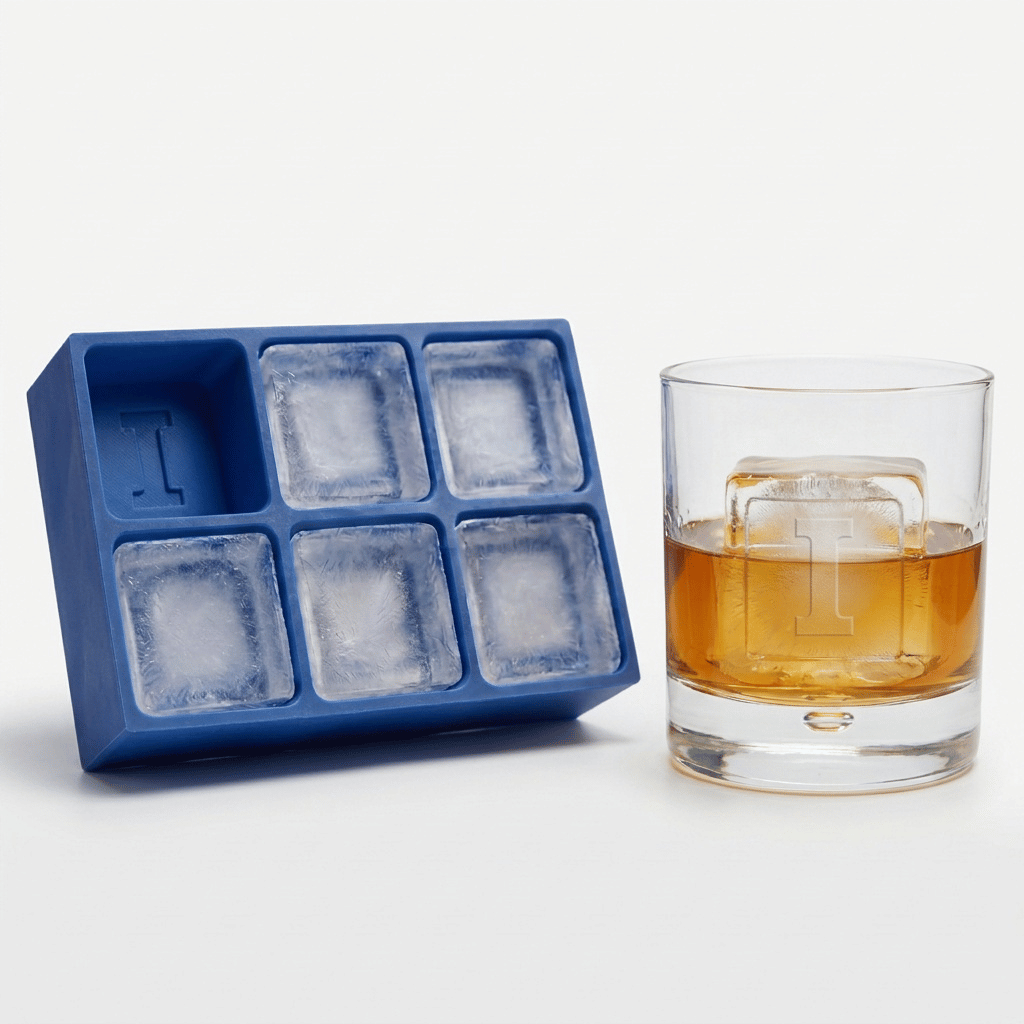 Blue silicone Letter I ice cube tray beside a rocks glass of amber whiskey chilled with a large clear ice cube stamped with the letter I, on a white background.