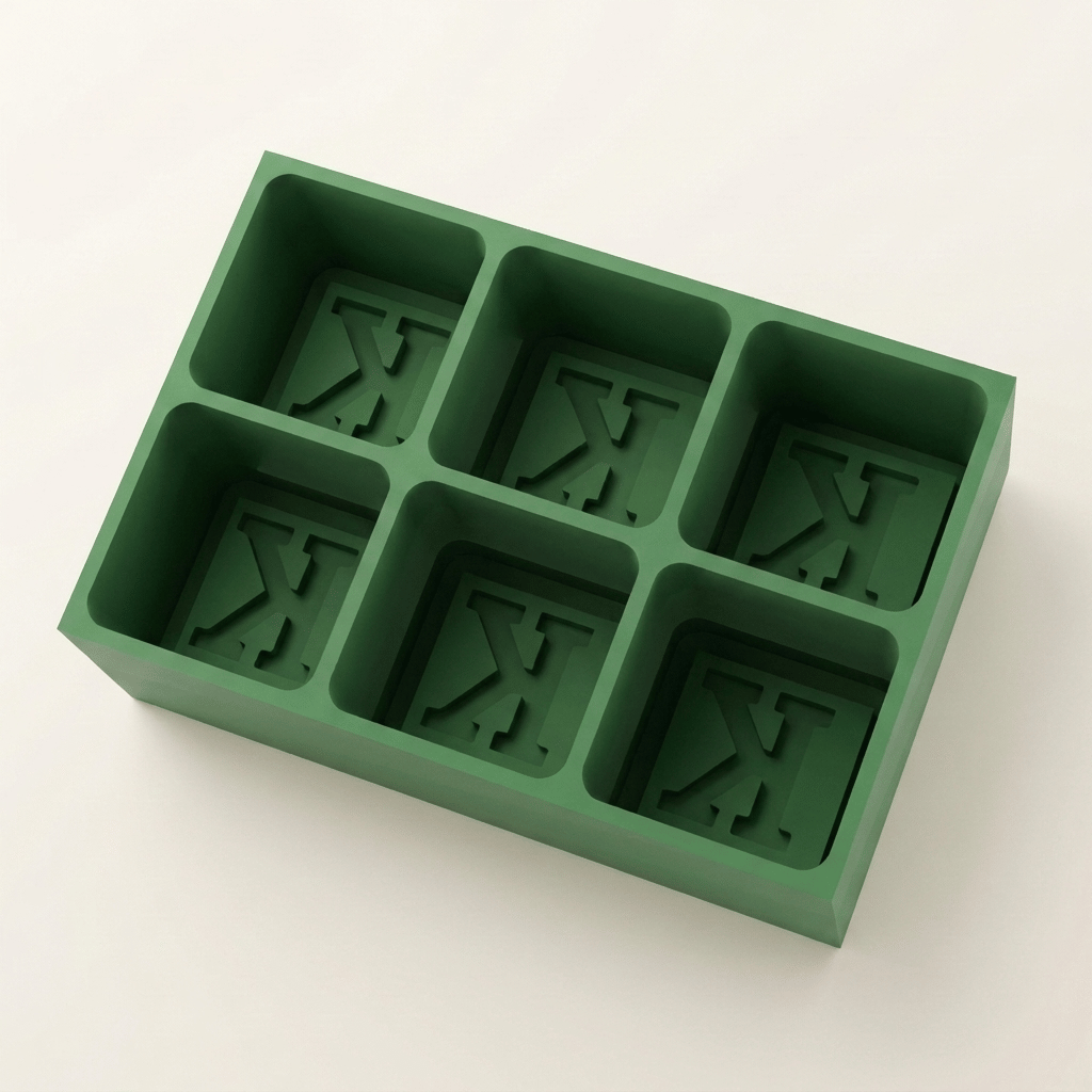 Green silicone Letter K ice cube tray, 6-cavity mould with bold monogram K design