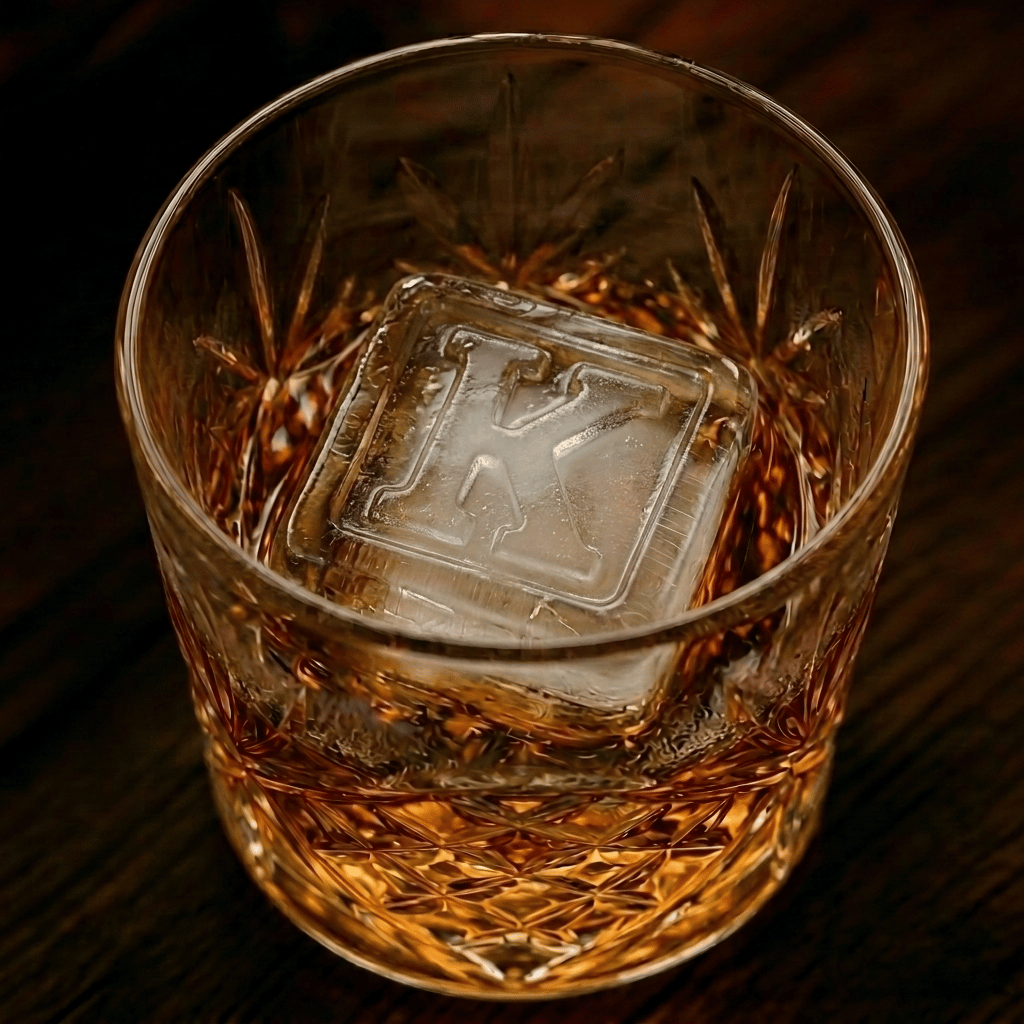 A cut-crystal whiskey glass filled with amber liquor and a large clear ice cube stamped with the letter K, set on a dark wooden surface.