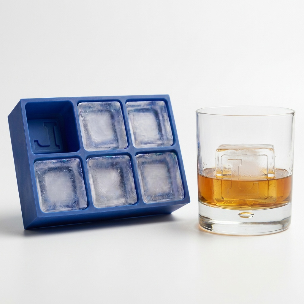 Blue silicone Letter L ice cube tray beside a rocks glass of amber whiskey chilled with a large clear ice cube stamped with the letter L, on a white background.