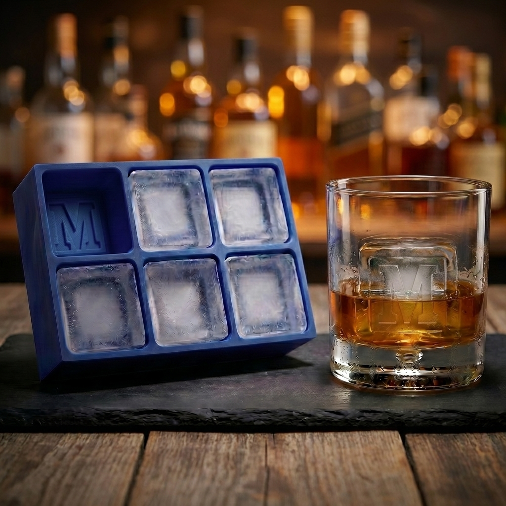 Blue silicone Letter M ice cube tray and a whiskey glass with an M-stamped ice cube on a wooden bar top, set against a warmly lit back-bar of liquor bottles.