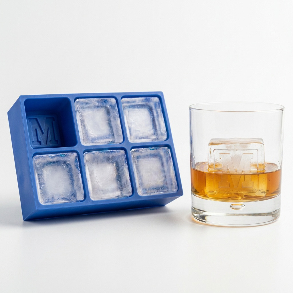 Blue silicone Letter M ice cube tray beside a rocks glass of amber whiskey chilled with a large clear ice cube stamped with the letter M, on a white background.