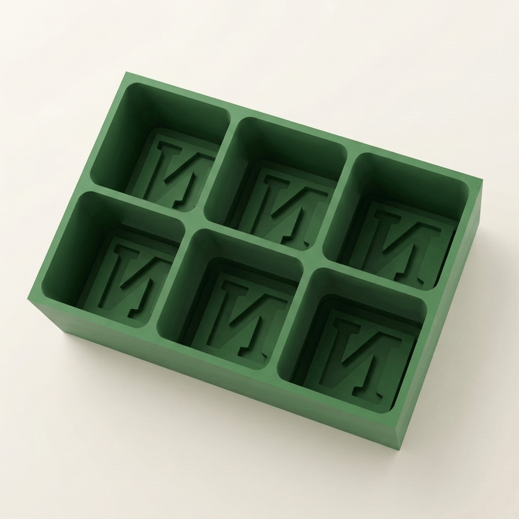 Green silicone Letter N ice cube tray, 6-cavity mould with bold monogram N design