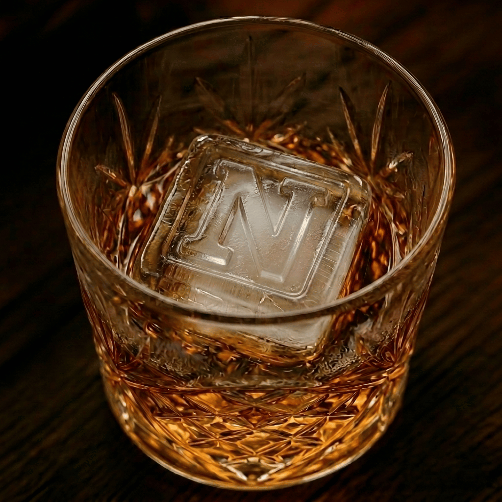 A cut-crystal whiskey glass filled with amber liquor and a large clear ice cube stamped with the letter N, set on a dark wooden surface.