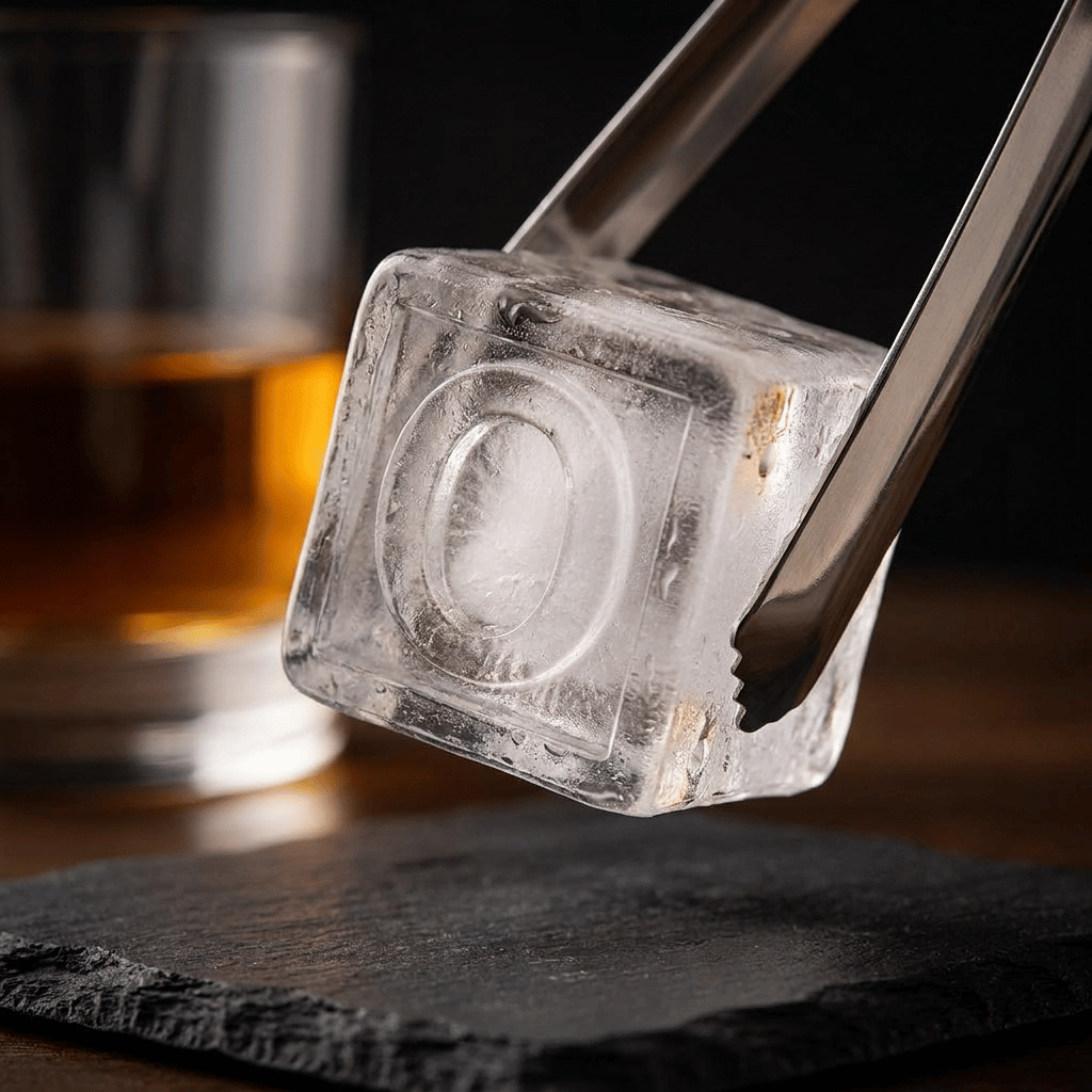 Stainless steel ice tongs holding a large clear ice cube stamped with the letter O above a black slate coaster, with a glass of amber whiskey in the background.