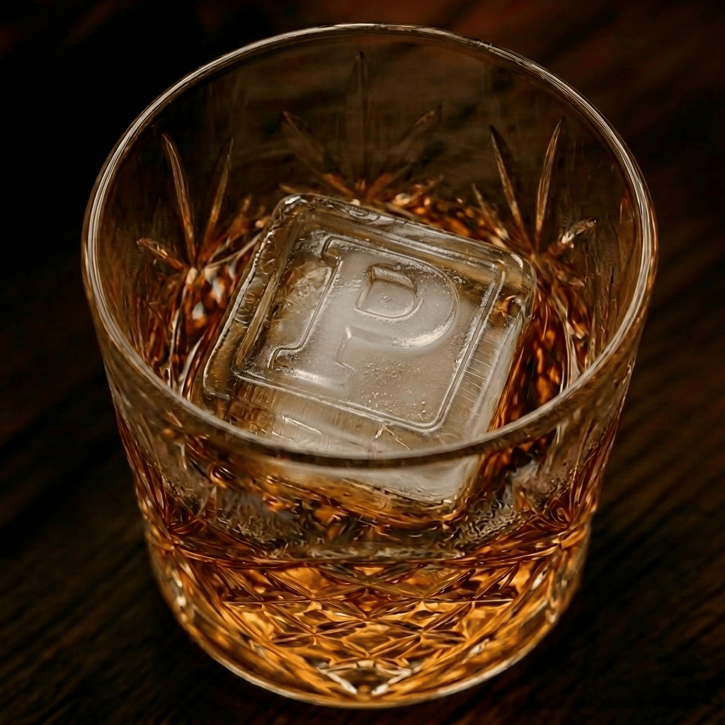 A cut-crystal whiskey glass filled with amber liquor and a large clear ice cube stamped with the letter P, set on a dark wooden surface.