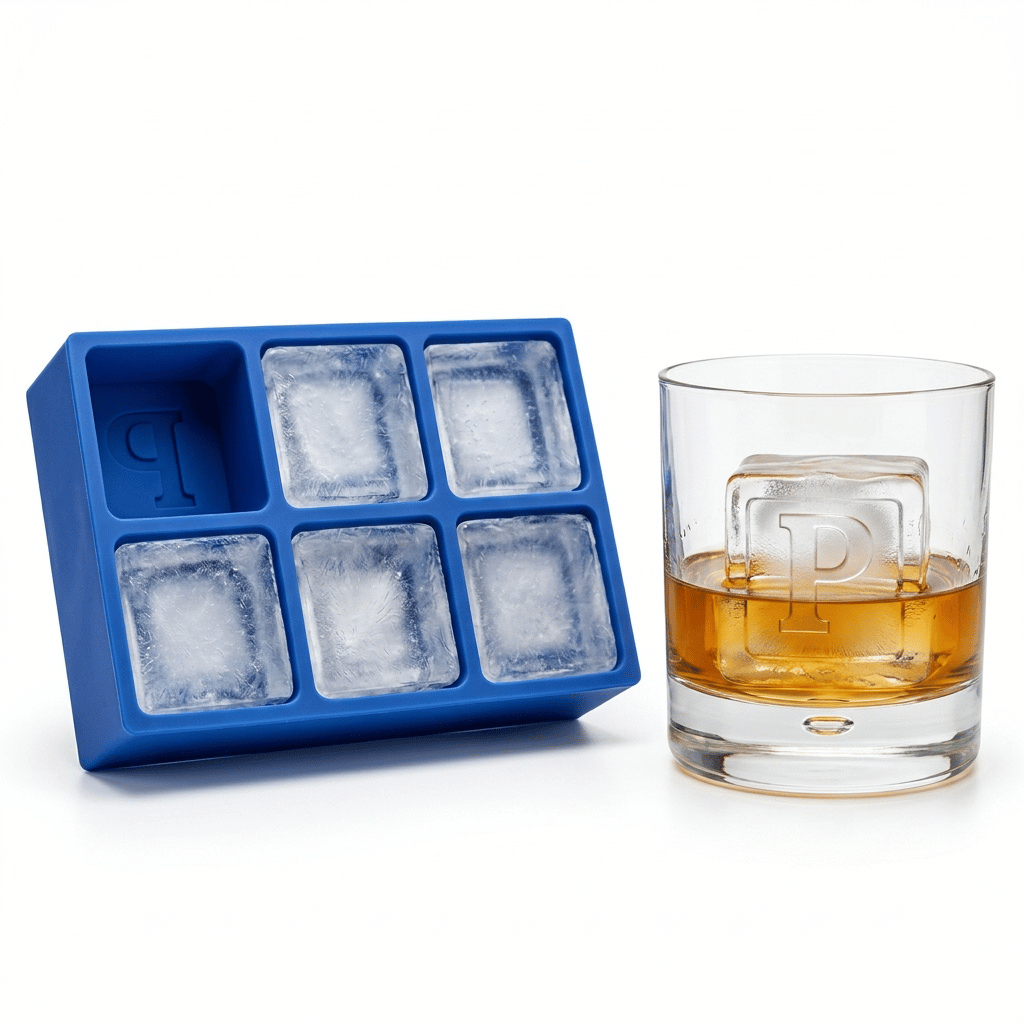 Blue silicone Letter P ice cube tray beside a rocks glass of amber whiskey chilled with a large clear ice cube stamped with the letter P, on a white background.