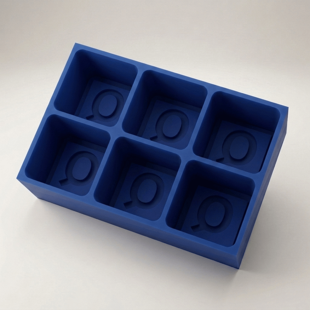Blue silicone Letter Q ice cube tray, 6-cavity mould with bold monogram Q design