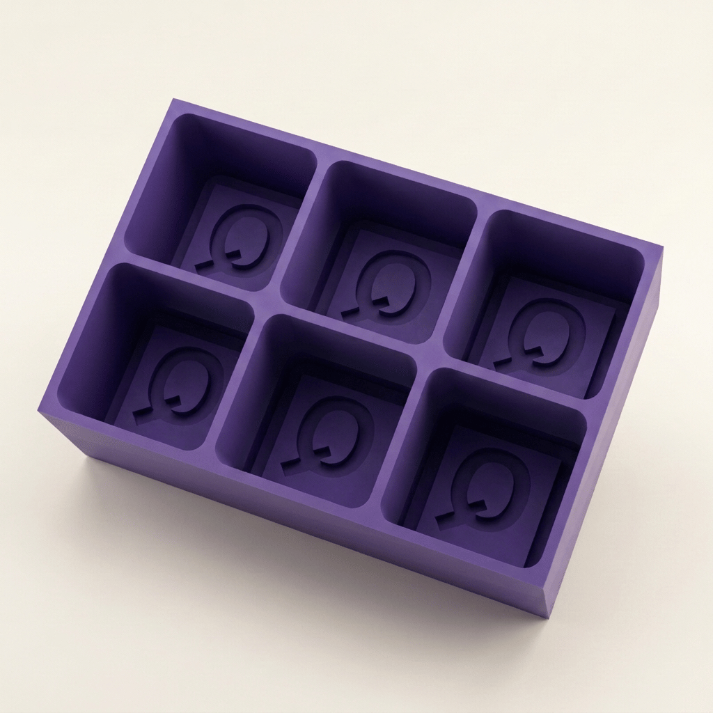 Purple silicone Letter Q ice cube tray, 6-cavity mould with bold monogram Q design