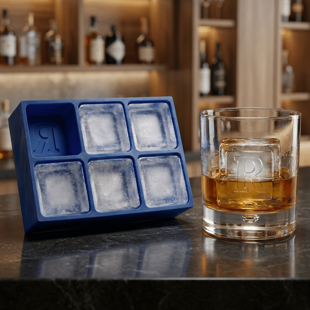 A large clear ice cube stamped with the letter R in a whiskey glass on a bar counter with bottles in the background.