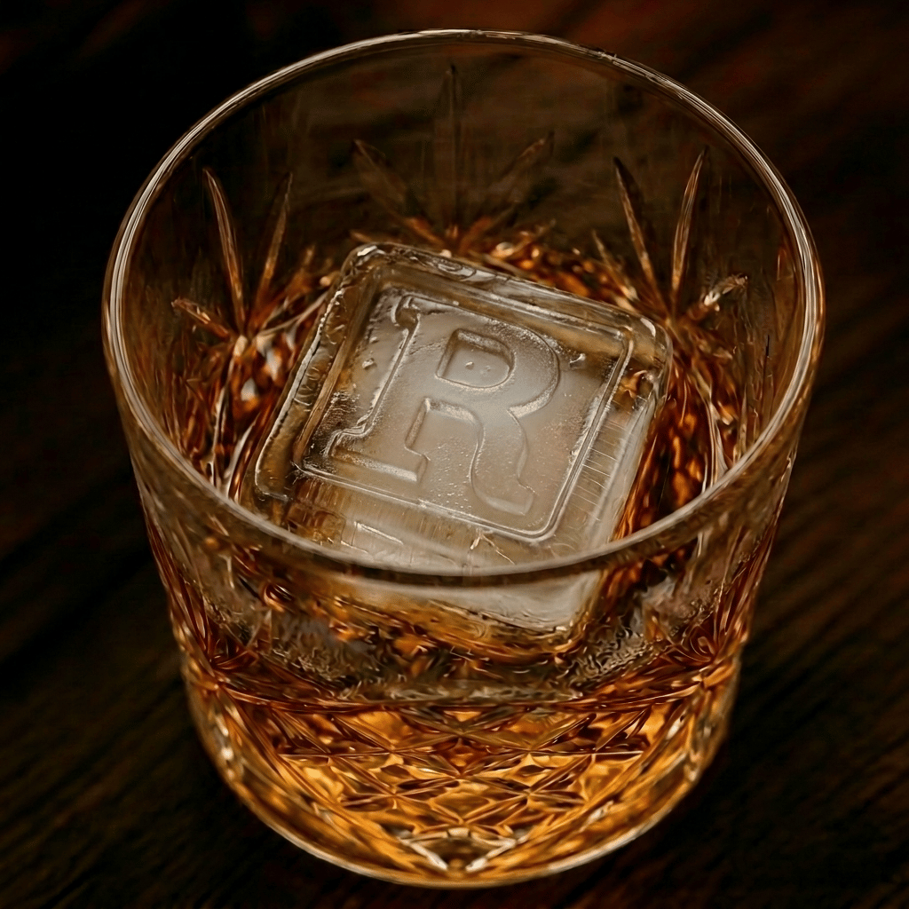 A cut-crystal whiskey glass filled with amber liquor and a large clear ice cube stamped with the letter R, set on a dark wooden surface.