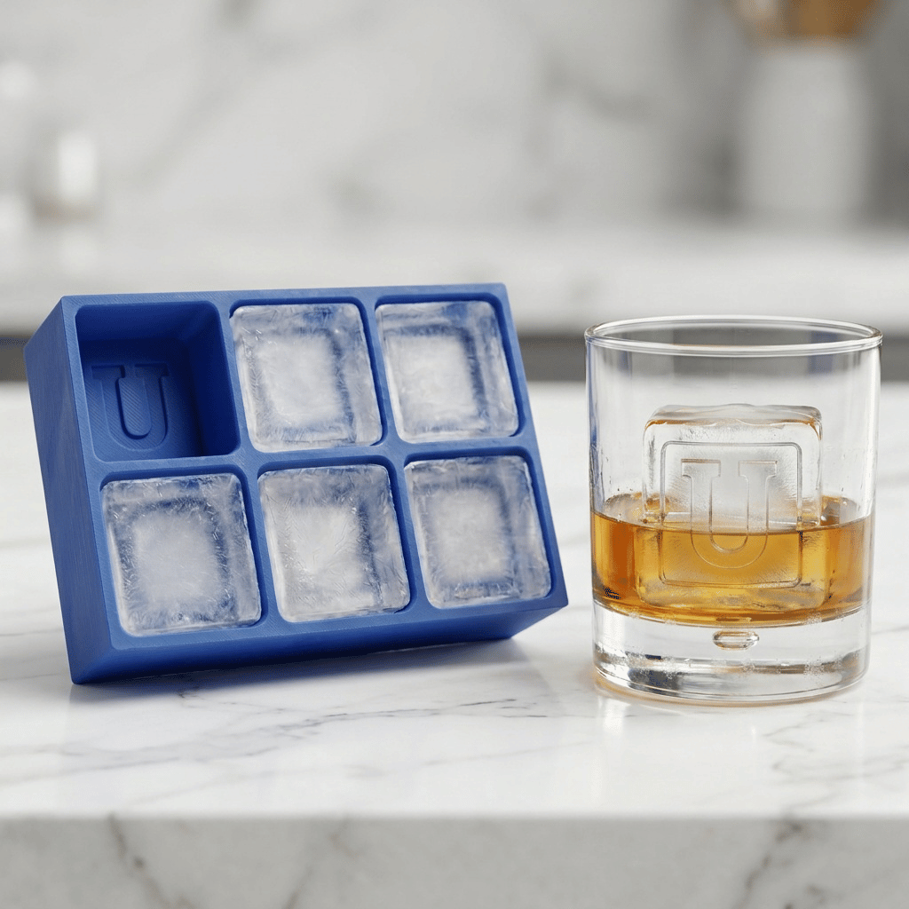A blue silicone Letter U ice tray beside a whiskey glass holding a clear ice cube stamped with the letter U on a marble countertop.
