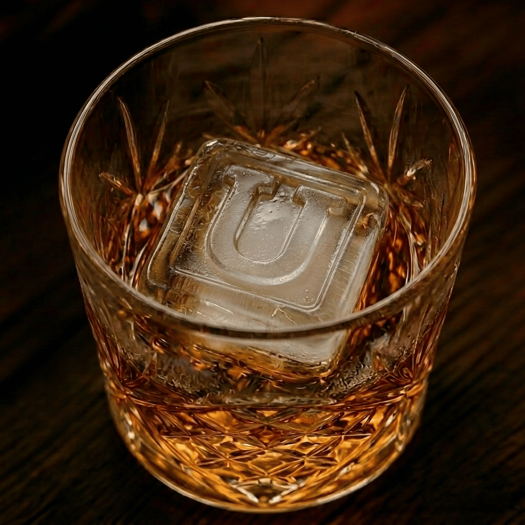 A cut-crystal whiskey glass filled with amber liquor and a large clear ice cube stamped with the letter U, set on a dark wooden surface.