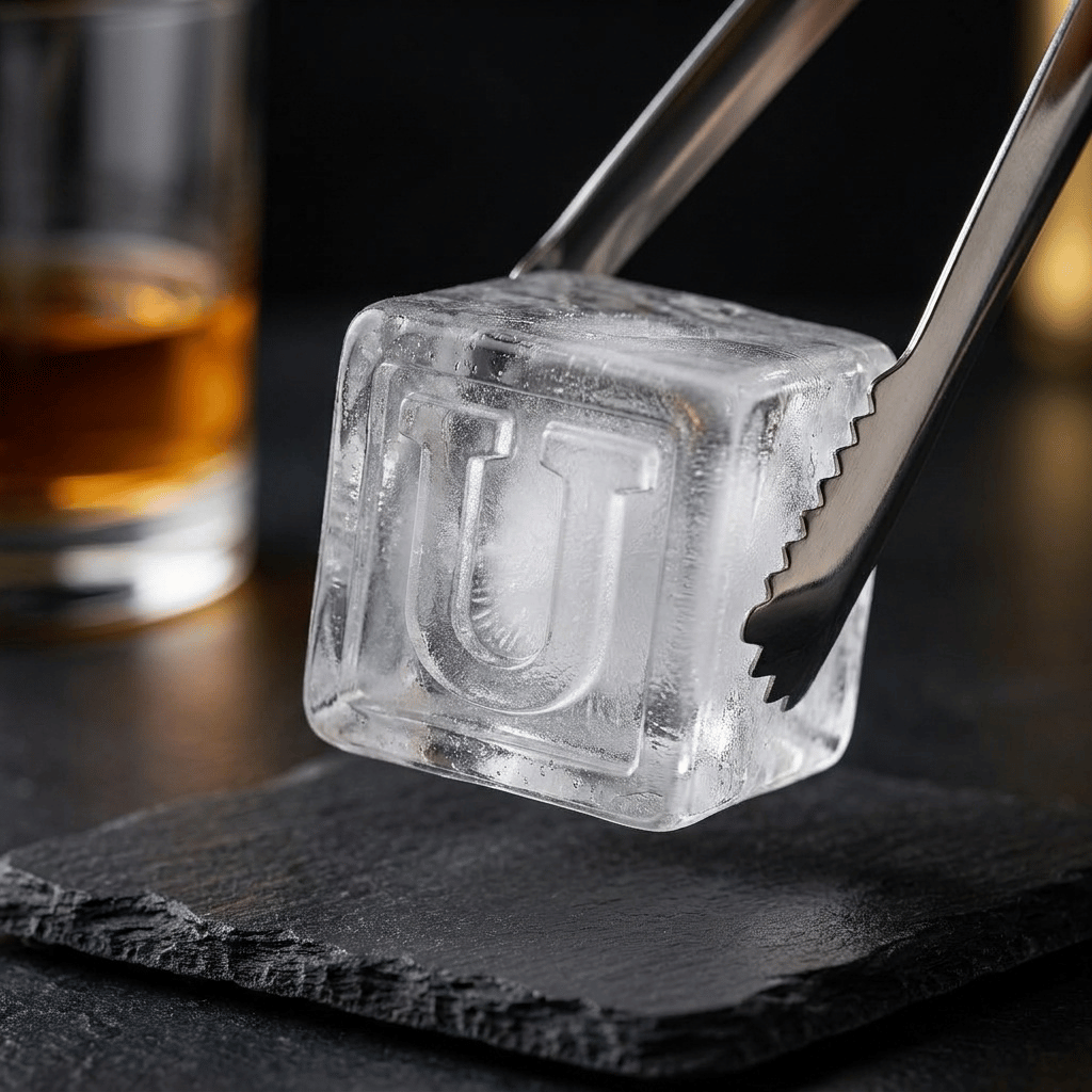 Metal tongs gripping a large clear ice cube stamped with the letter U over a dark slate coaster, with a glass of whiskey in the background.