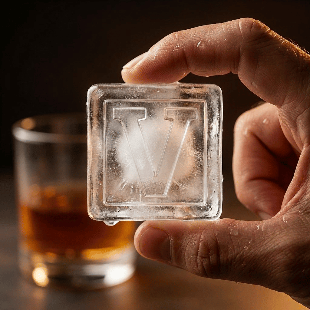 A hand holds a large clear ice cube stamped with the letter V, with a glass of whiskey in the background.