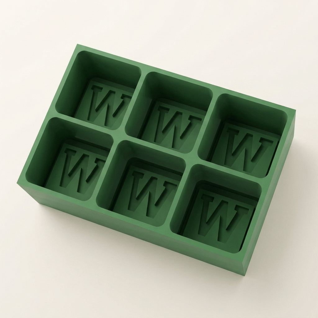 Green silicone Letter W ice cube tray, 6-cavity mould with bold monogram W design