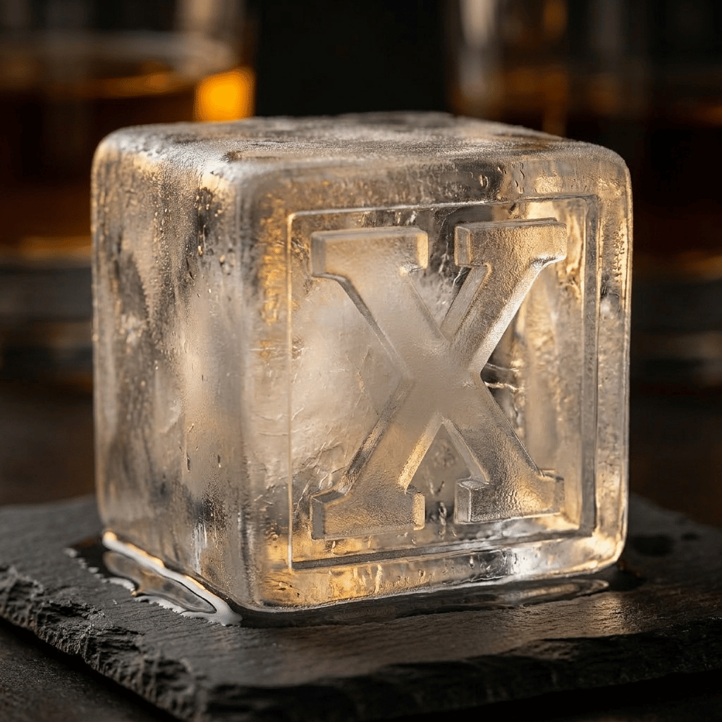 A large clear ice cube stamped with the letter X resting on a dark slate coaster, with a glass of whiskey blurred in the background.
