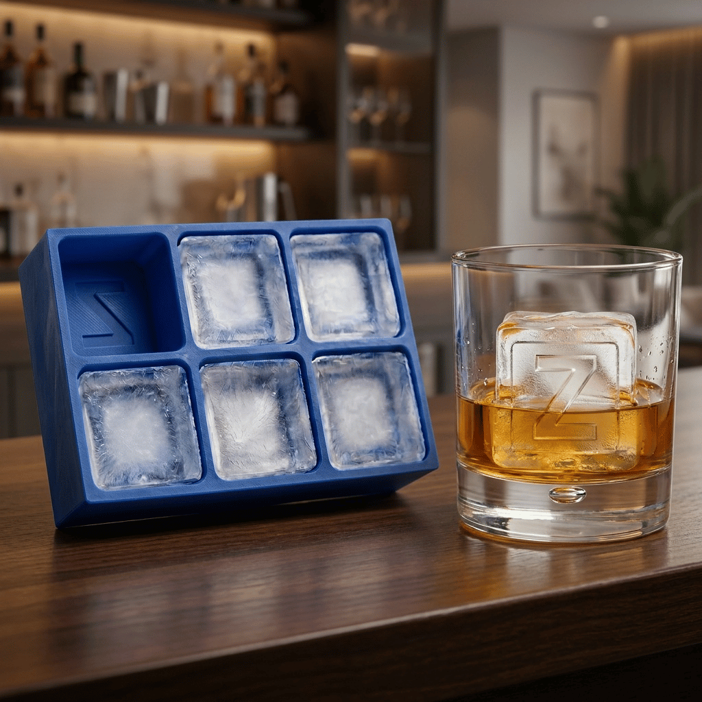 A blue silicone Letter Z ice tray beside a whiskey glass holding a clear ice cube stamped with the letter Z, set on a wooden bar counter with backlit bottles behind.