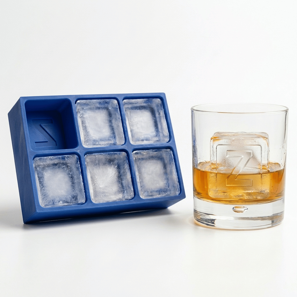 A blue silicone Letter Z ice tray beside a whiskey glass containing amber liquor and a clear ice cube stamped with the letter Z.