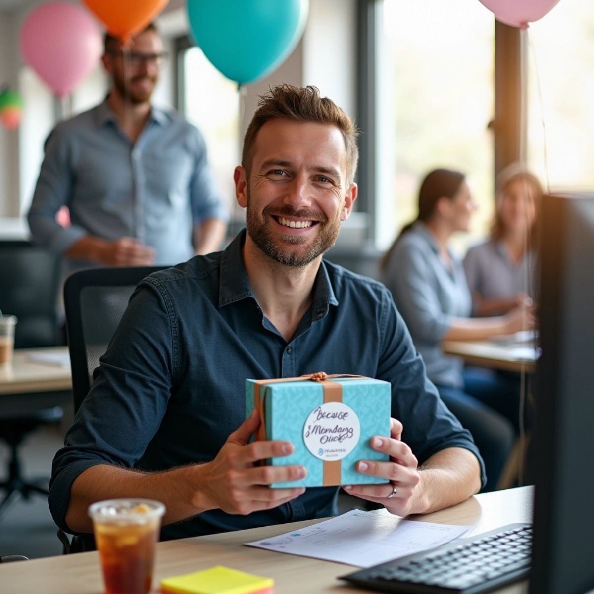 Smiling man at office party holding a personalised gag ice cube set, funny gift for him with balloons in background