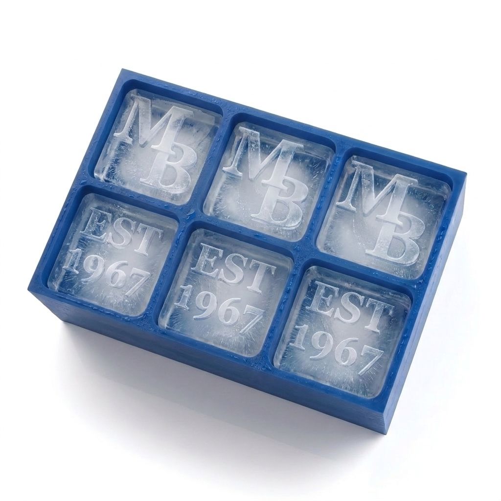 Blue monogrammed silicone ice cube tray filled with personalised initial and year ice cubes