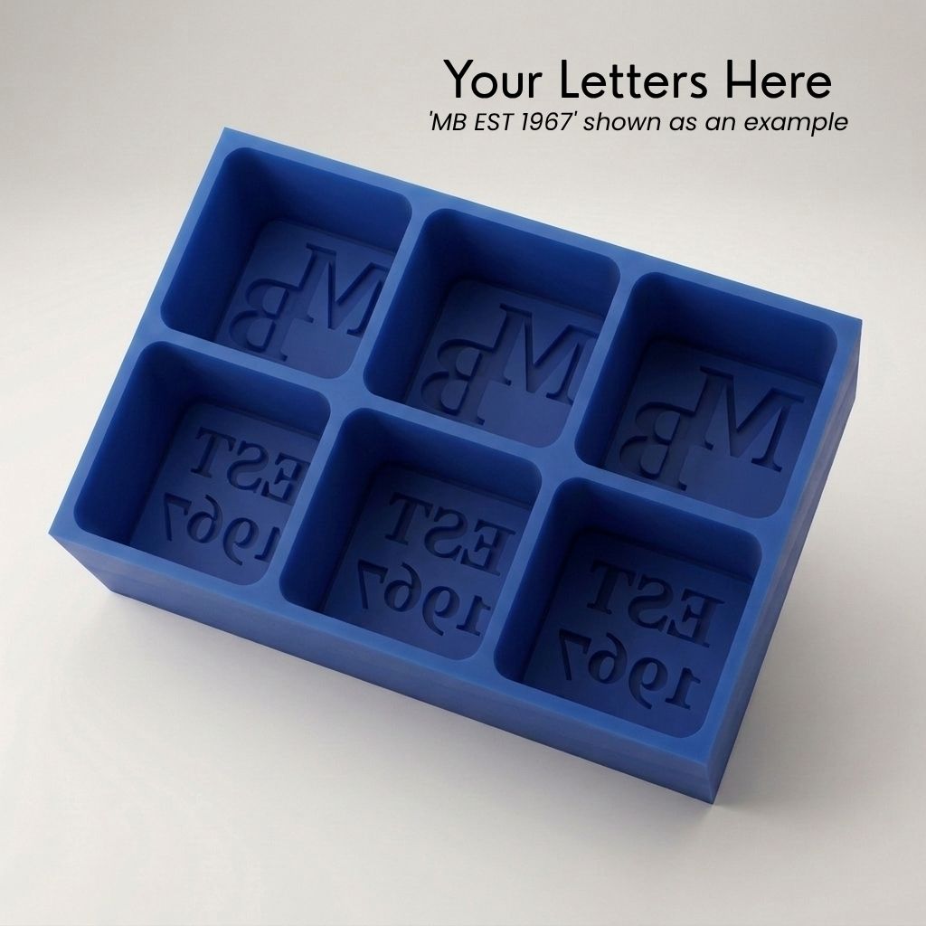 Blue monogrammed silicone ice cube tray, personalised with custom initials and established year