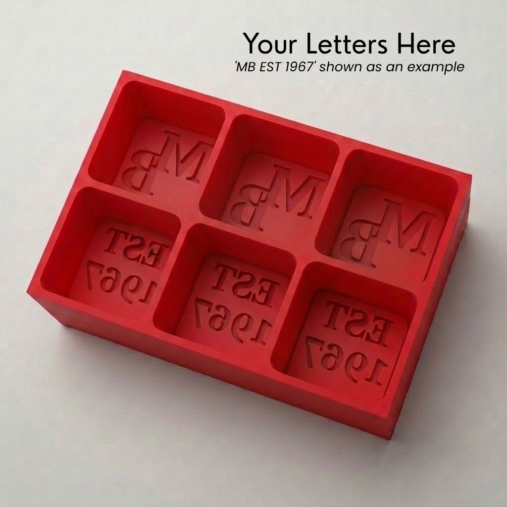 Red monogrammed silicone ice cube tray, personalised with custom initials and established year
