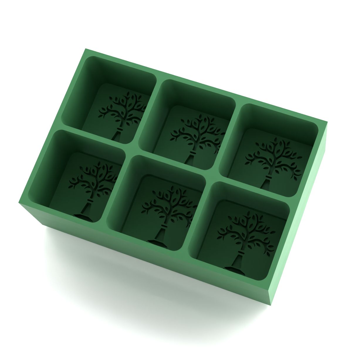 Forest green 6-cube silicone ice tray with elegant tree-of-life pattern — premium platinum-silicone mould for distinctive, reusable ice cubes.