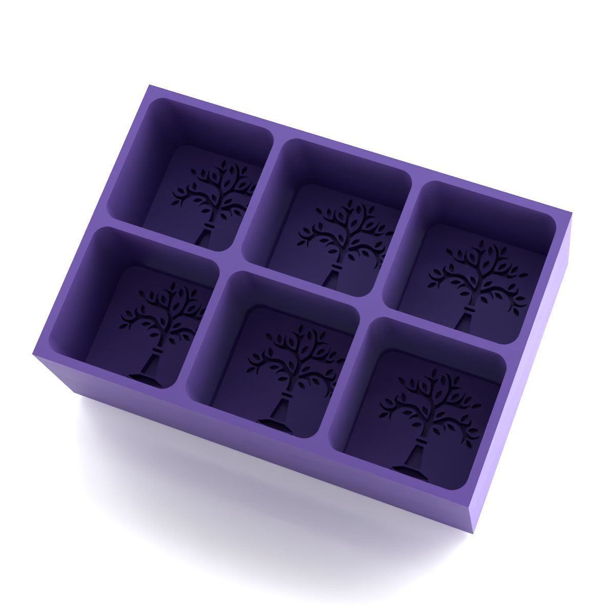 Deep purple 6-cube silicone ice tray featuring intricate tree-of-life embossing — long-lasting, food-grade silicone for standout ice presentation.