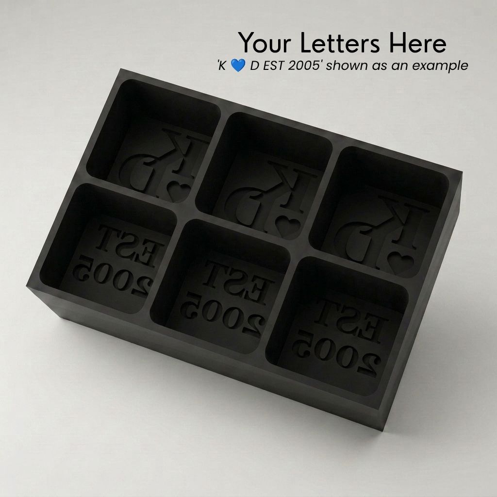 Black monogrammed silicone ice cube tray, personalised with custom initials, a love heart and EST year
