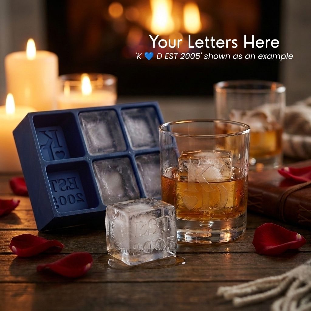 Blue monogrammed ice cube tray with personalised whiskey ice cubes served in glasses by candlelight